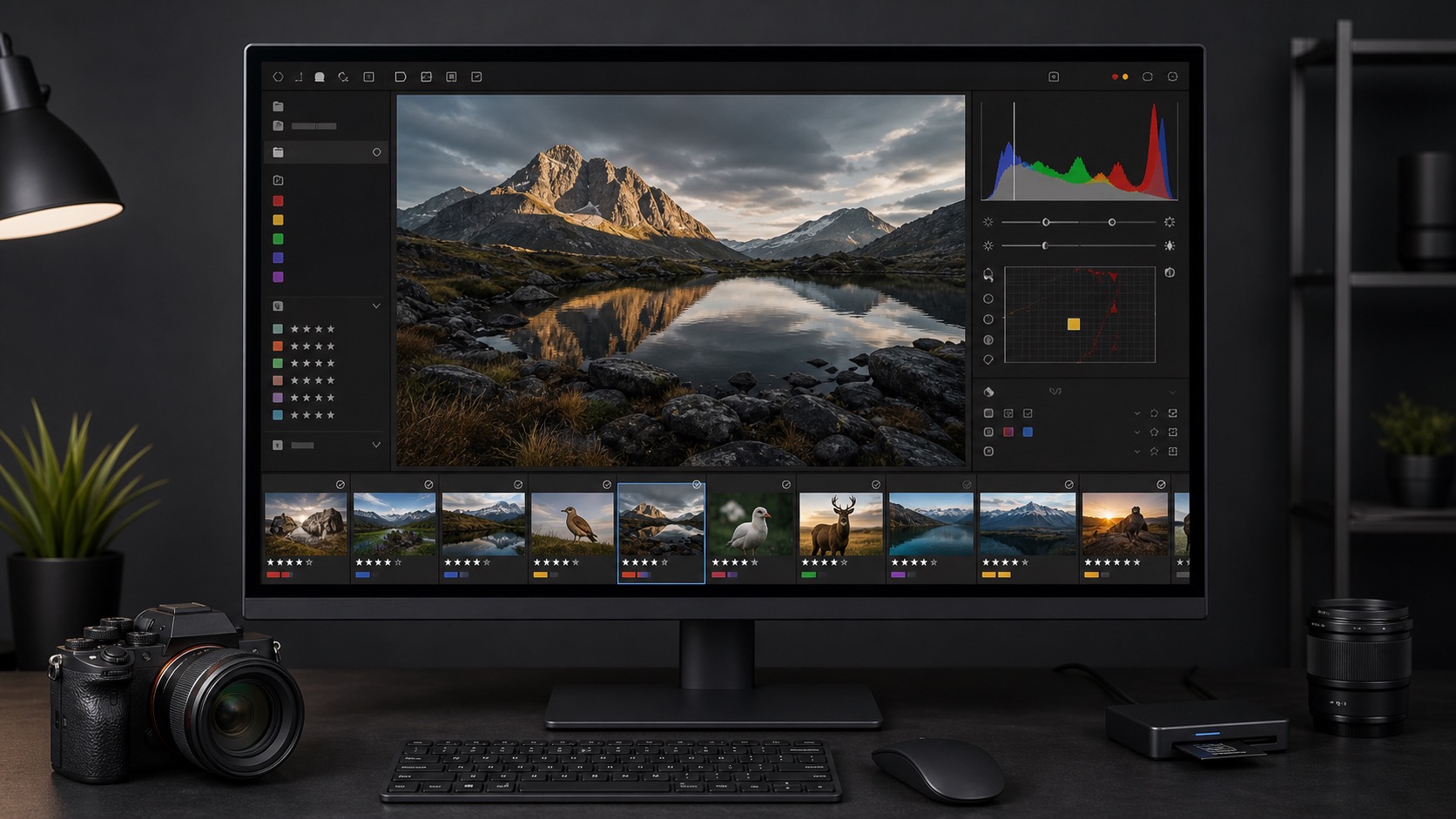 RAW-Dateien mit Histogramm, Bewertungssternen und Filmstreifen am Monitor sichten