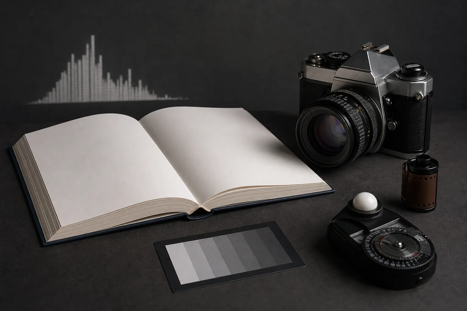 Fotografie-Glossar mit Kamera, Objektiv, Nachschlagewerk, Graukarte, Film und Belichtungsmesser