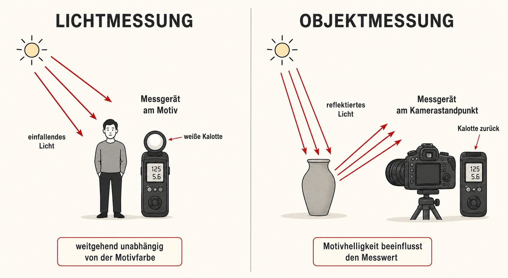 Vergleich von Lichtmessung am Motiv und Objektmessung am Kamerastandpunkt